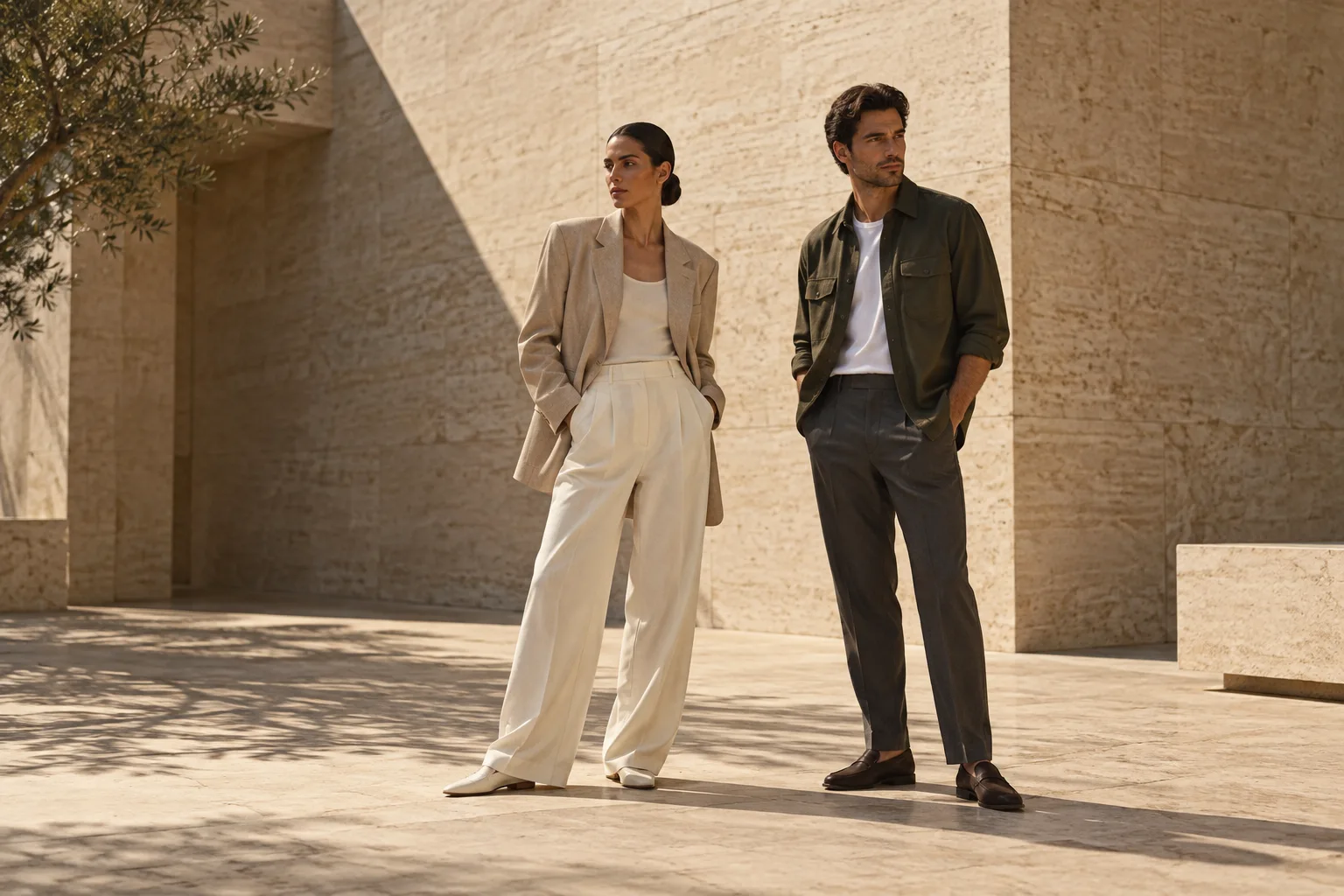 Dos modelos con prendas de tonos naturales en un patio de piedra