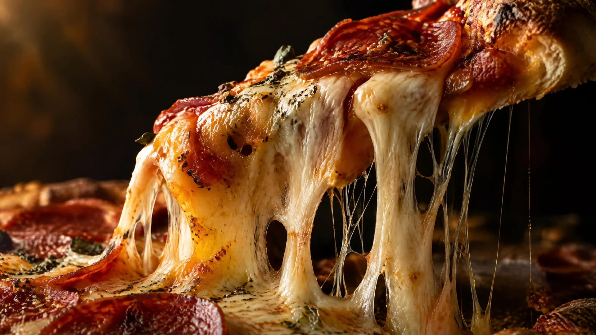 Una porción de pizza con queso fundido