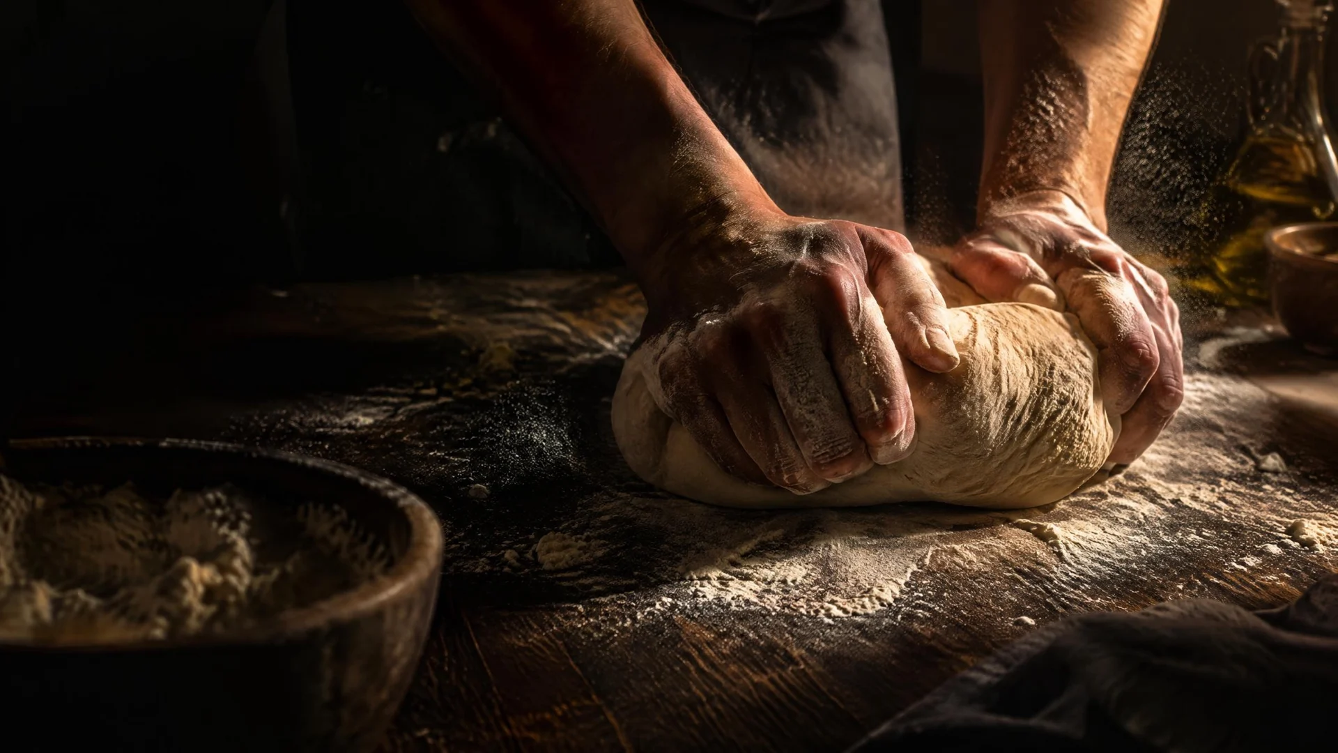 Masa de pizza reposada sobre una mesa de trabajo