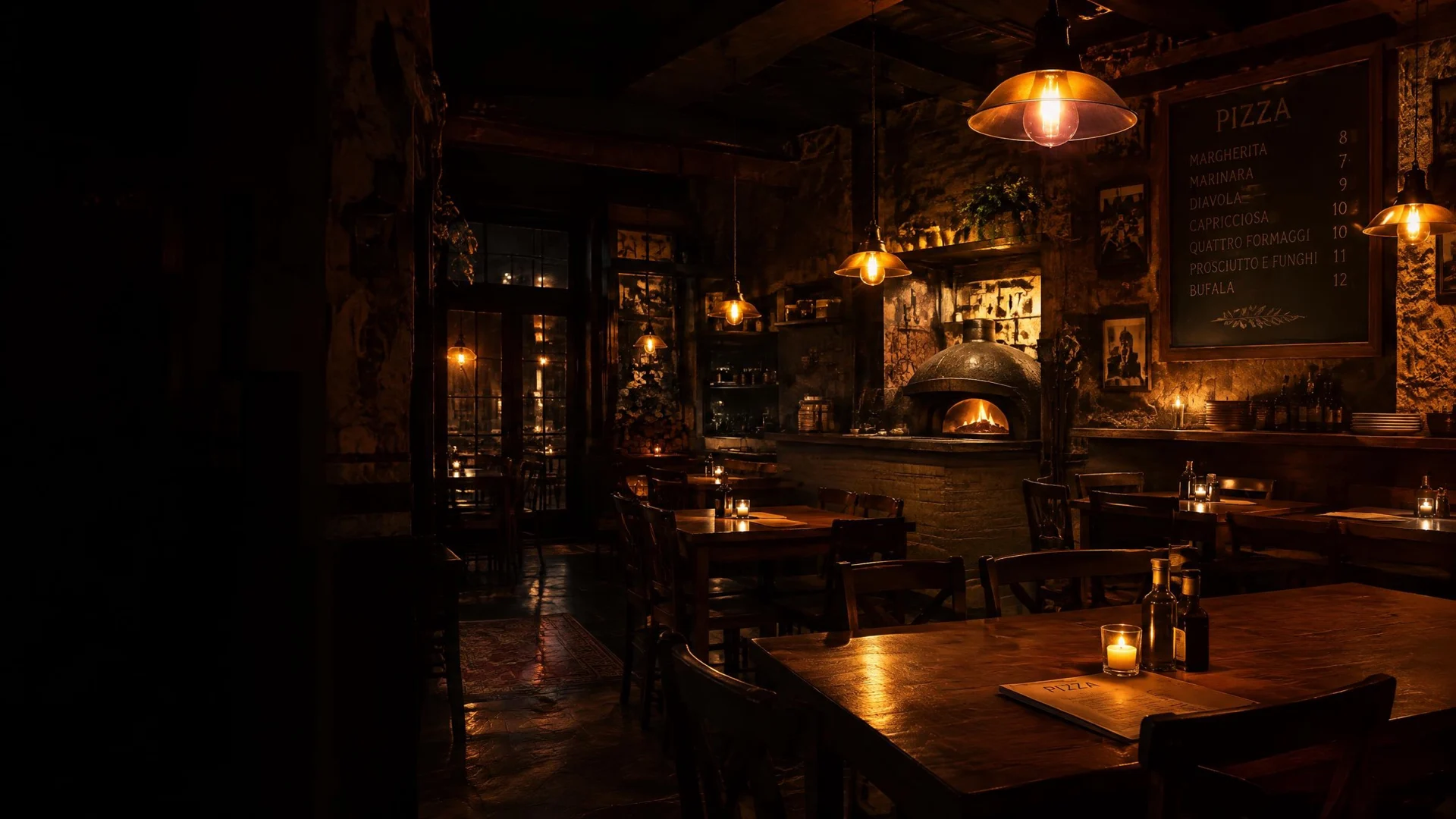 Mesas y horno de la pizzería a la luz cálida de la noche