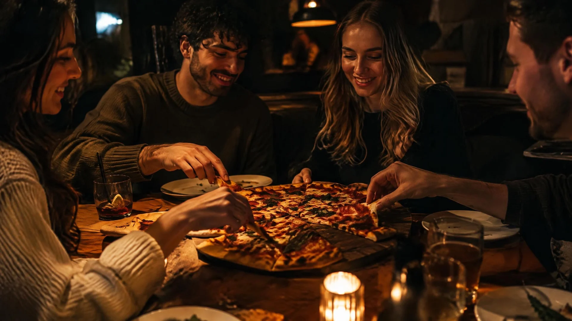 Amigos compartiendo una pizza alrededor de la mesa