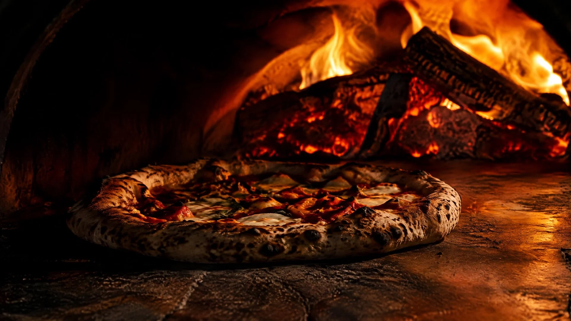 Pizza artesanal frente a las brasas de un horno