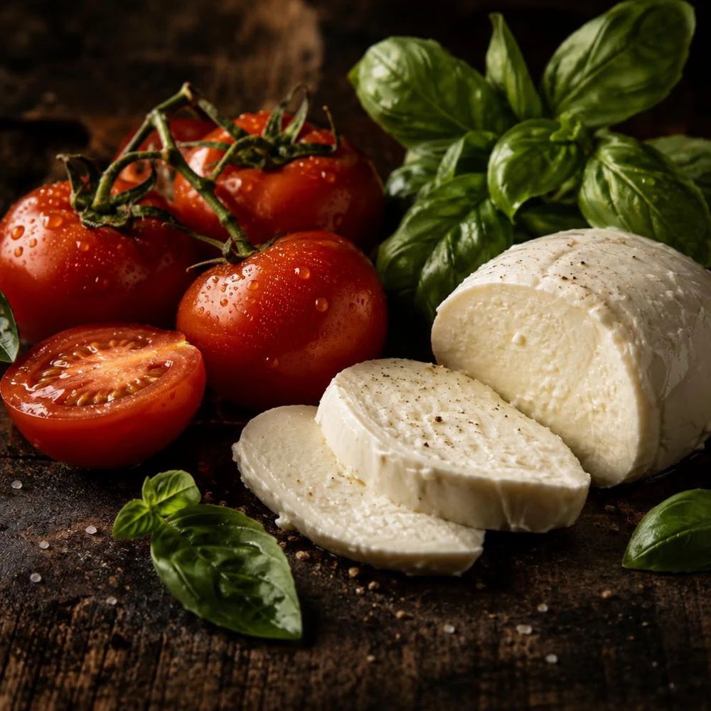 Tomates, mozzarella y albahaca fresca